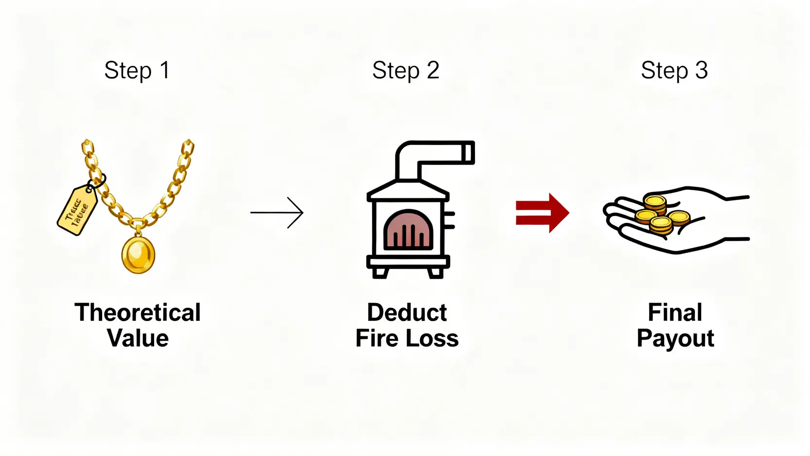 賣出金飾時的成本扣除流程圖,顯示火耗和佣金如何影響最終回收價格。