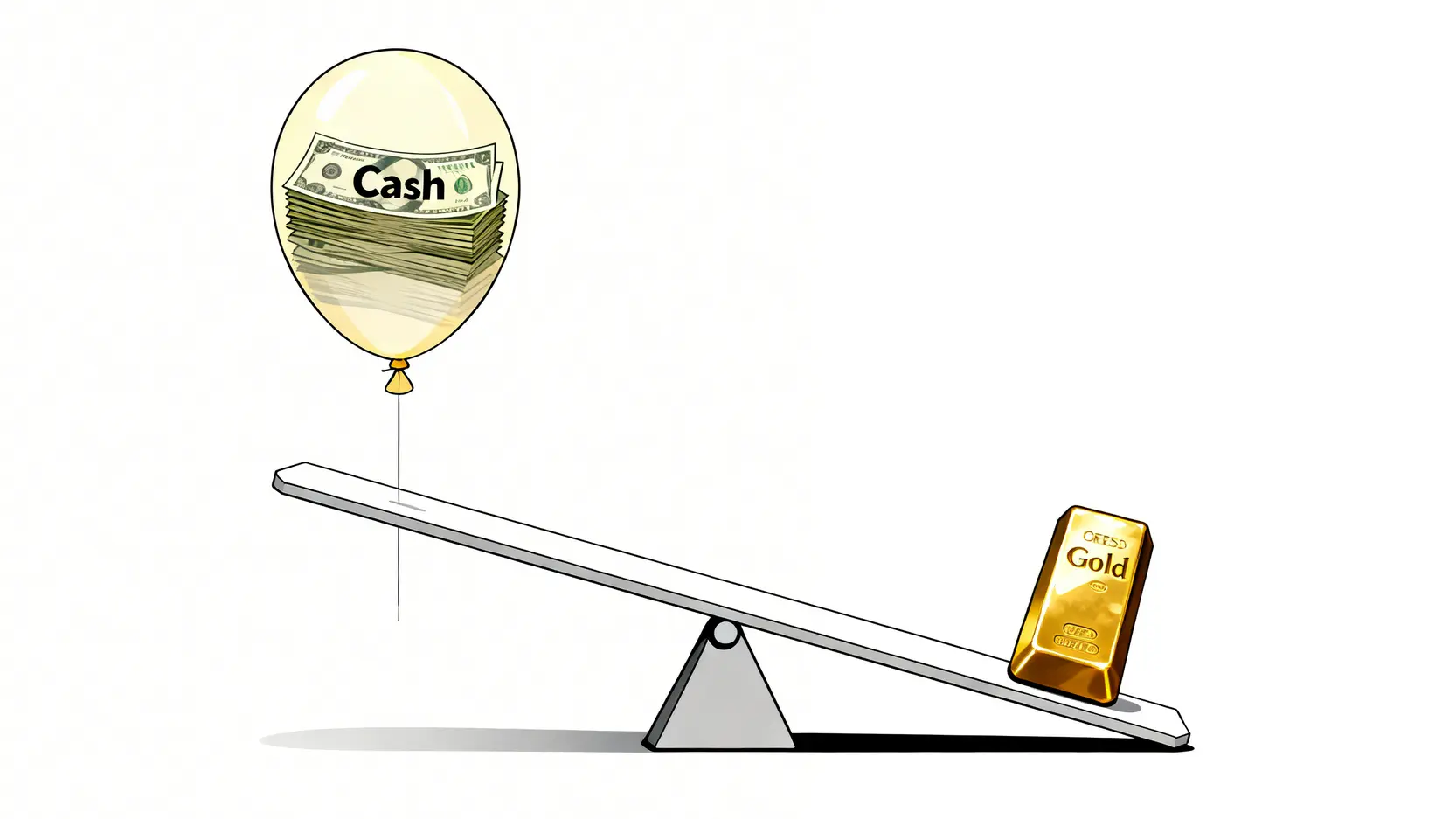 一張概念圖,顯示一個蹺蹺板,一邊是因通脹而貶值的變輕的紙幣,另一邊是保持價值的沉重金條,說明黃金的抗通脹能力。