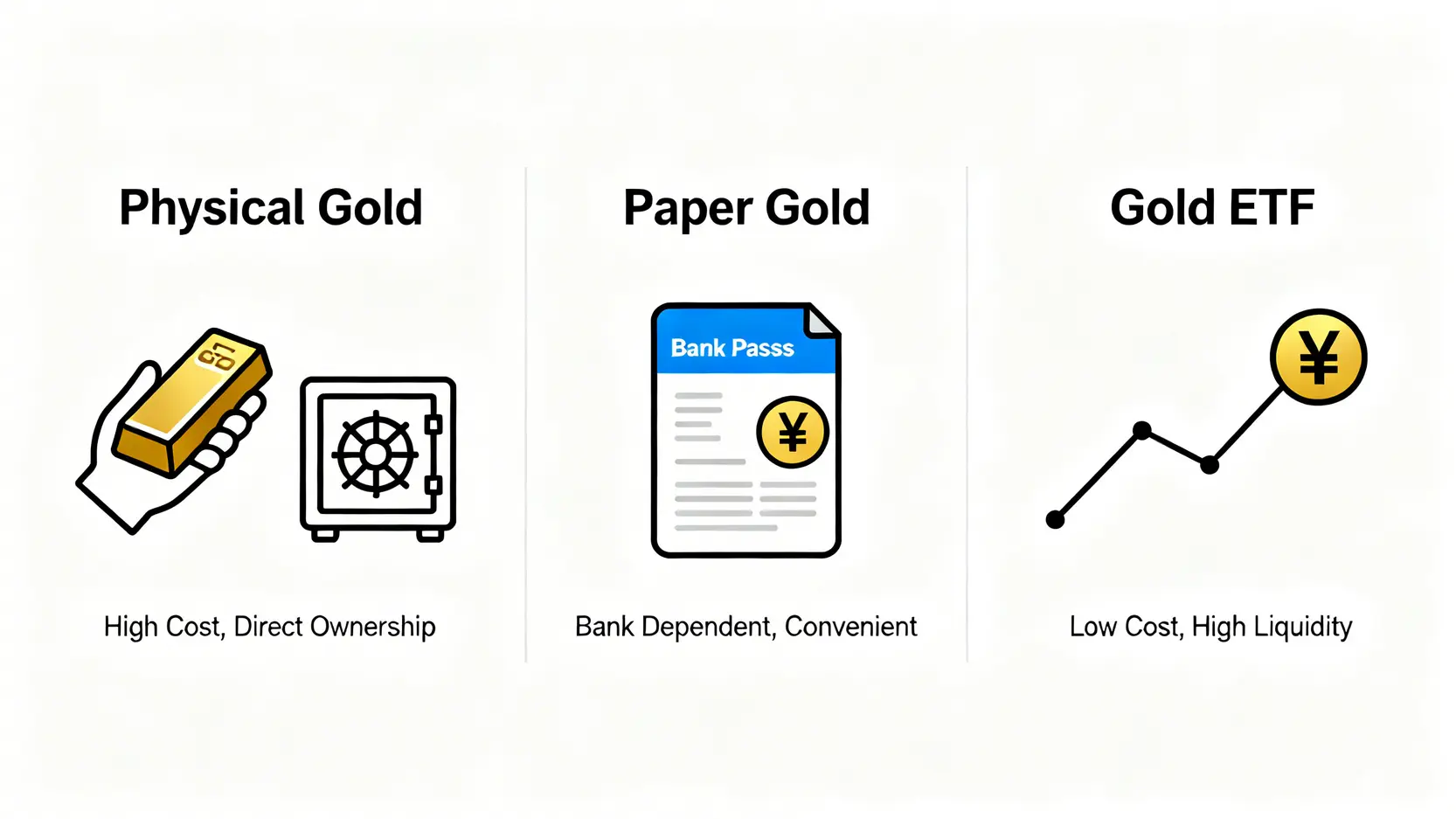 一張對比圖,比較實體黃金、紙黃金和黃金ETF三種投資渠道在成本、所有權和流動性方面的特點。