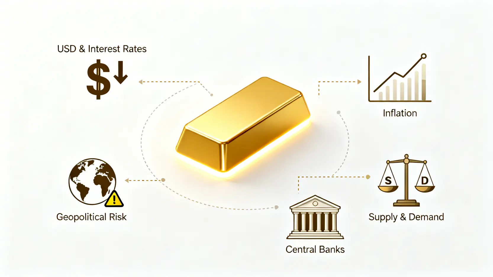 一張概念示意圖,展示影響黃金價格的五大關鍵因素:美元與利率、通脹、地緣政治風險、央行政策及市場供需。