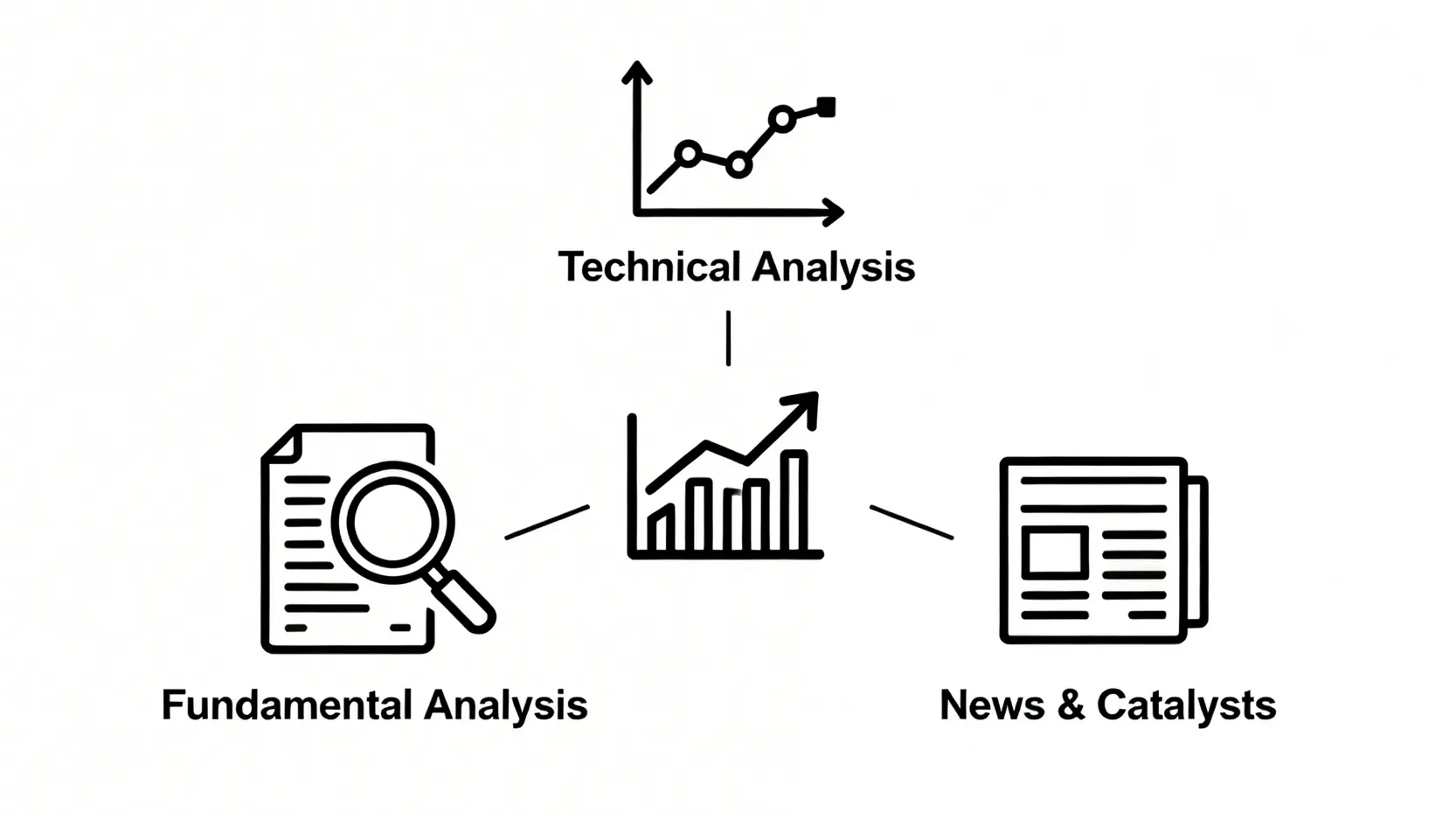識別爆升股的三大分析維度:技術面、基本面與消息面示意圖。