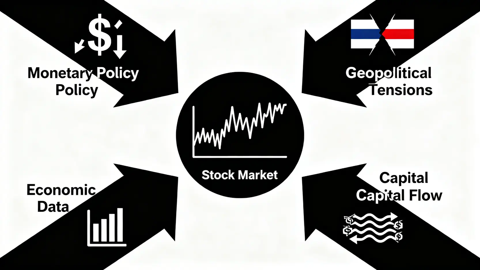 影響香港股市波動的四大宏觀因素示意圖,包括環球貨幣政策、地緣政治、經濟數據及資金流向。