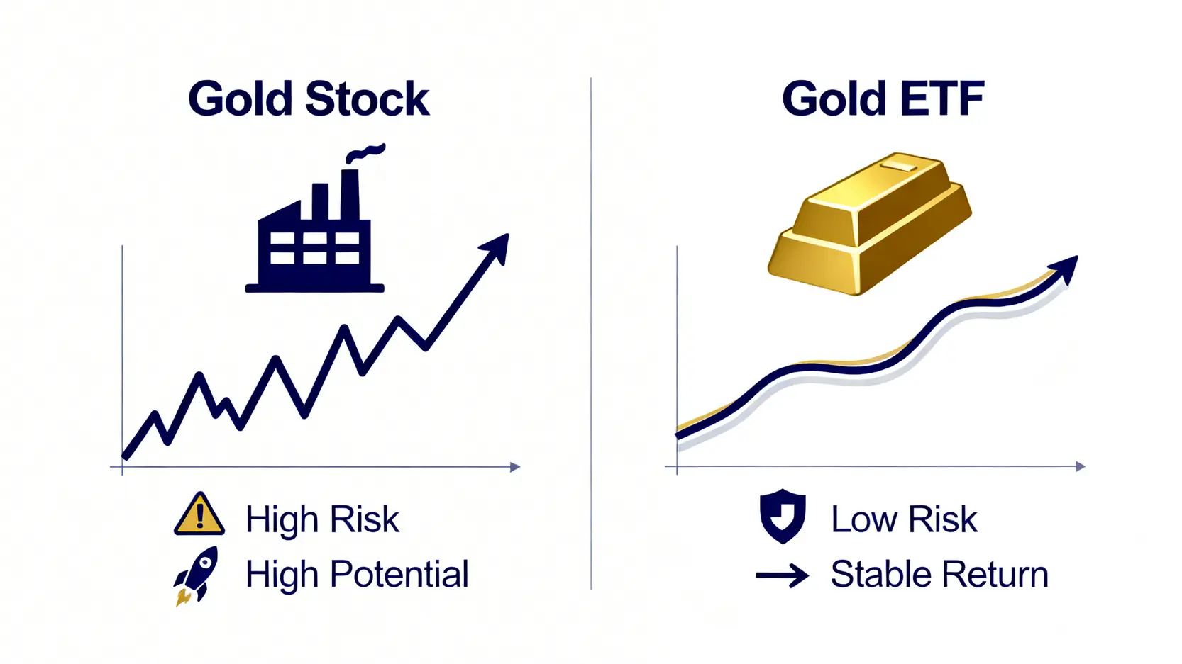對比圖展示金礦股與黃金ETF的區別,金礦股風險與回報潛力較高,而黃金ETF與金價聯動性高且風險較分散。
