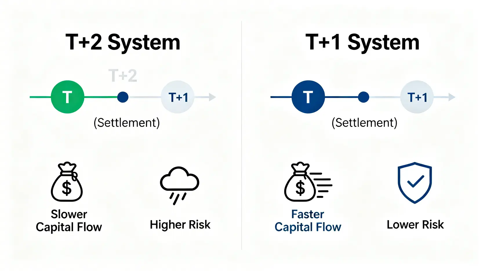 T+1與T+2交收制度對比圖,顯示T+1在資金流動性和市場風險方面的優勢。