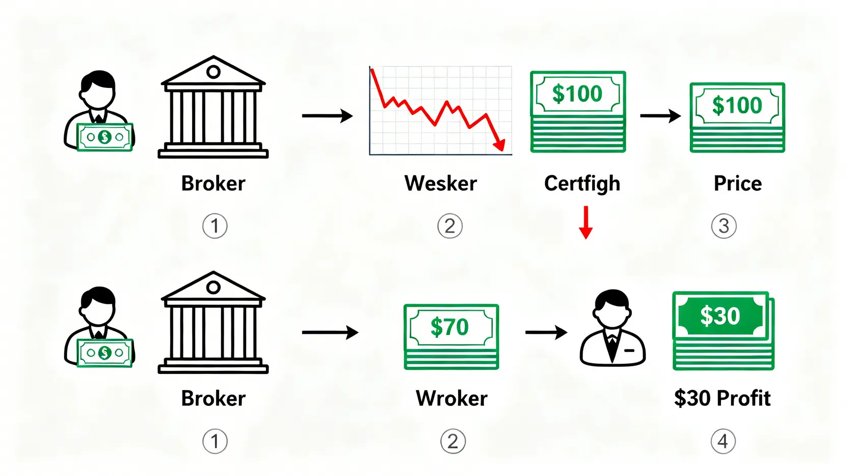 一張解釋沽空四個步驟的概念示意圖,展示投資者如何借入股票、高價賣出、低價買回、最後歸還股票並賺取差價。