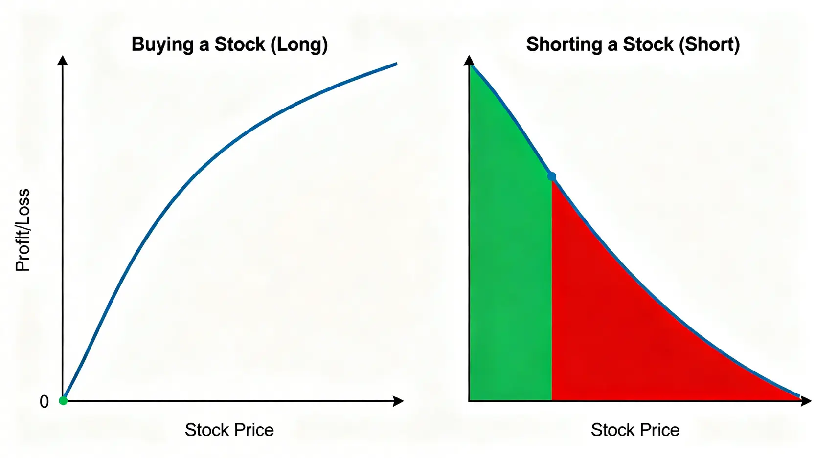 一張對比圖,左邊顯示買入股票的風險(虧損有限,利潤無限),右邊顯示沽空股票的風險(利潤有限,虧損無限)。