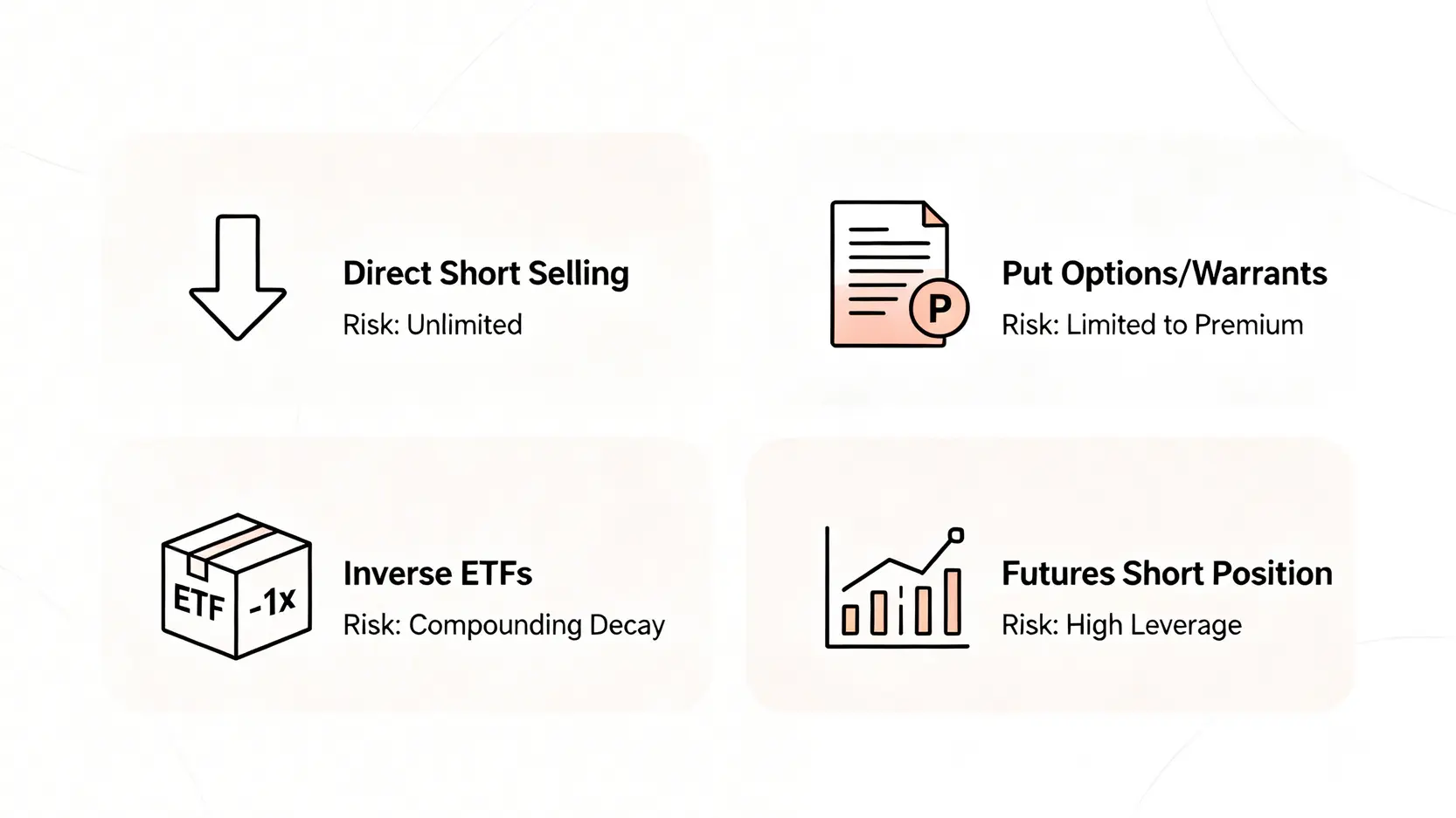 一張資訊圖,用四個象限分別展示四種做淡策略:直接沽空股票、買入認沽期權、利用反向ETF、以及建立期貨短倉,並標示其核心風險。
