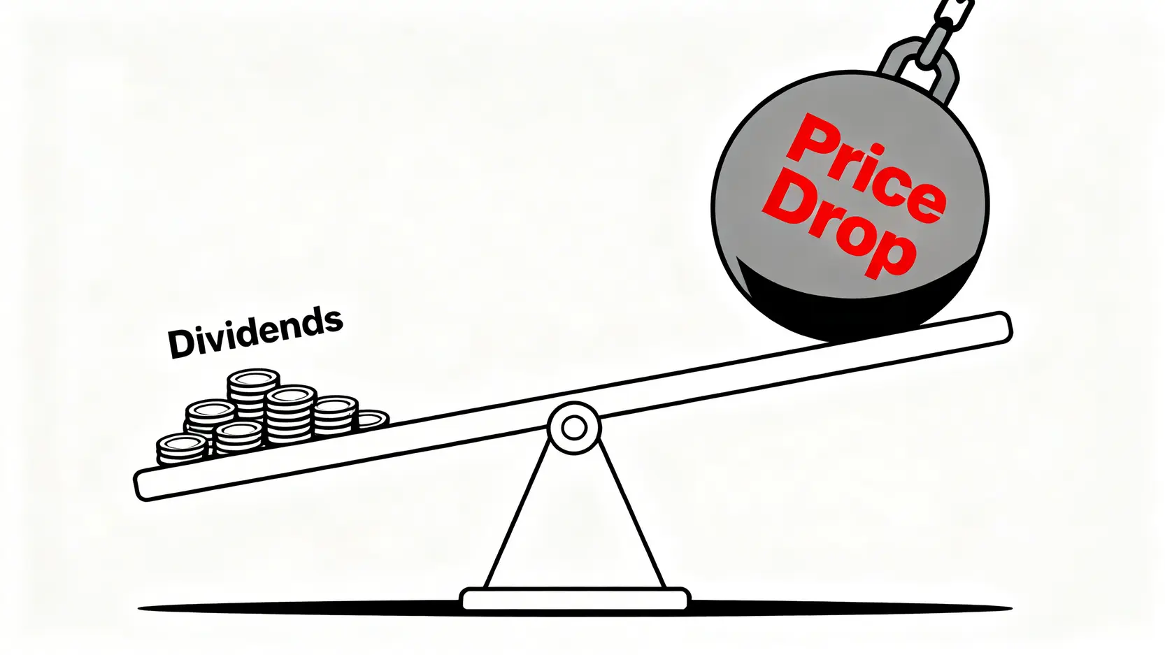 賺息蝕價風險示意圖,用天秤顯示股價下跌的損失遠大於收到的股息。