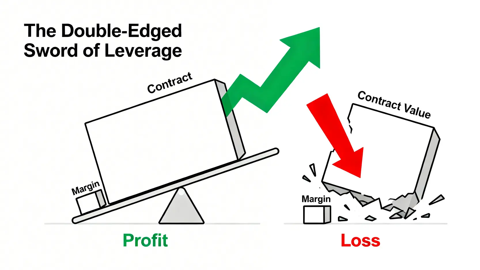 期貨槓桿雙面刃示意圖,展示了如何用小額保證金同時放大盈利與虧損。