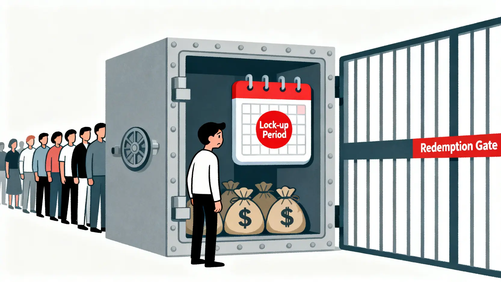 對沖基金流動性風險示意圖,顯示投資者的資金因鎖定期和贖回限制而被凍結。