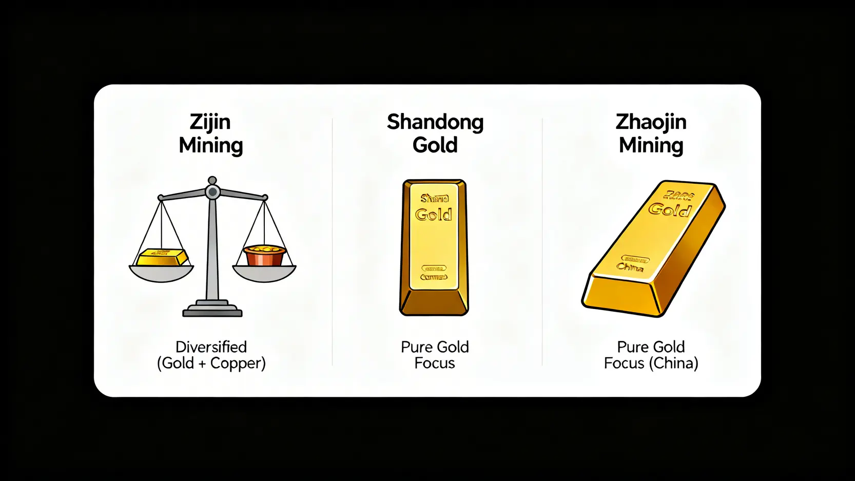 三大龍頭黃金股業務對比圖,顯示紫金礦業的多元化業務與山東黃金、招金礦業的純黃金業務。