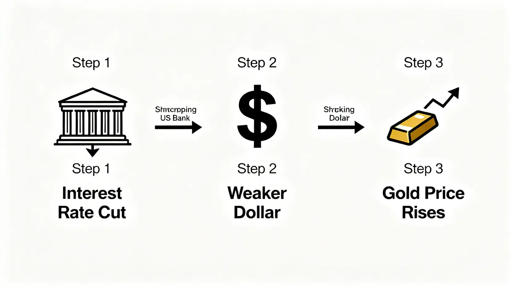 美國減息影響黃金價格的流程圖,展示減息如何導致美元走弱,進而推高金價。