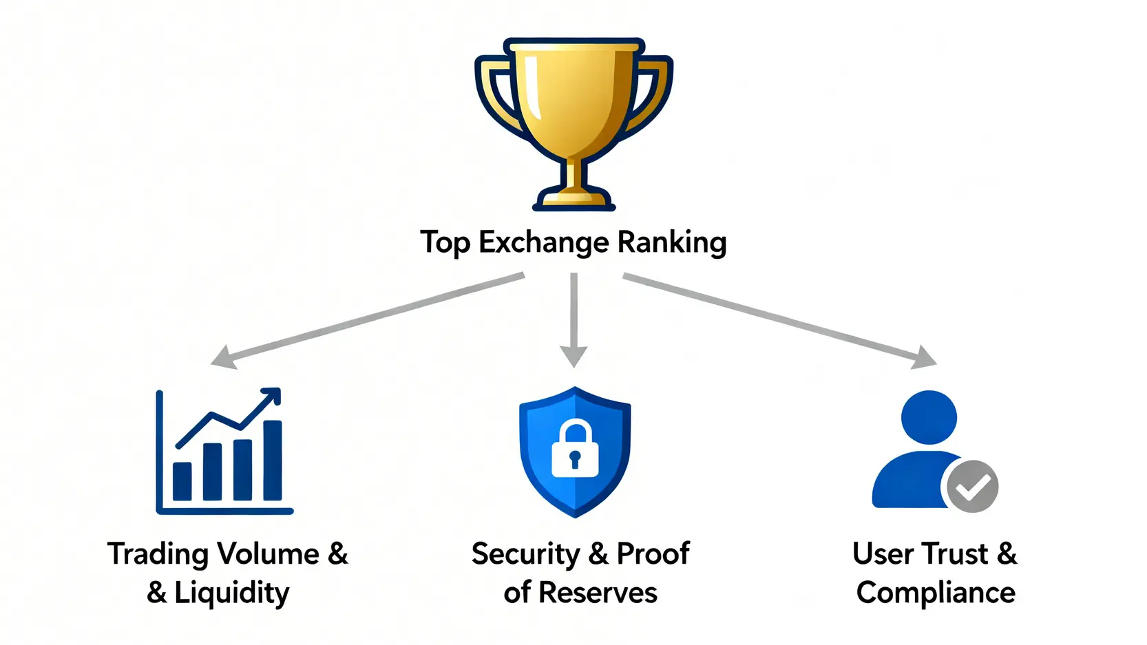三大加密貨幣交易所排名指標示意圖:交易量、安全性與用戶信任。