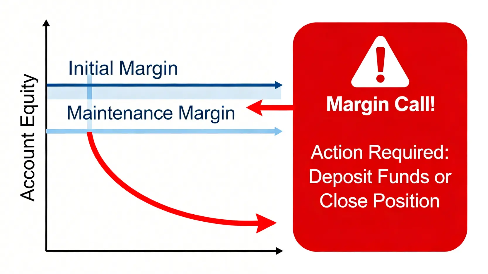 期貨保證金追繳機制示意圖,顯示當戶口權益數跌穿維持保證金水平時觸發追繳通知。