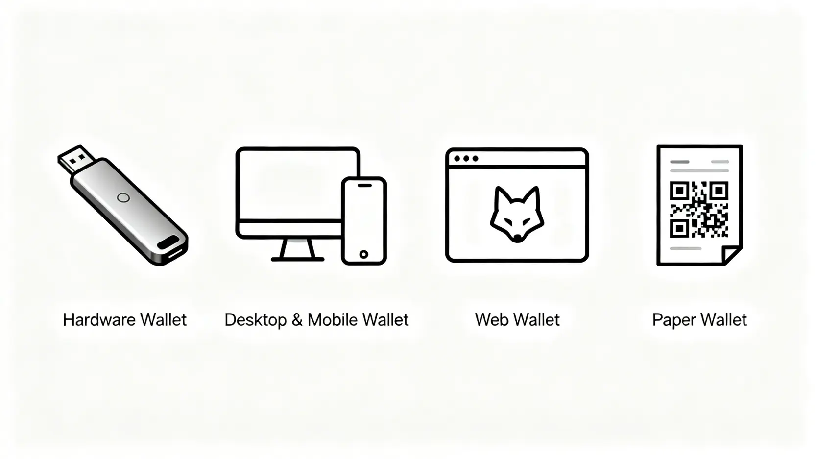 四種主流加密貨幣錢包種類的圖示,包括硬體錢包、桌面與手機錢包、網頁錢包和紙錢包。