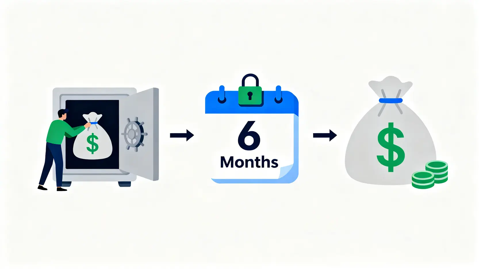 一張概念圖,解釋定期存款的運作原理:存入資金、鎖定一段時間、取回本金和利息。