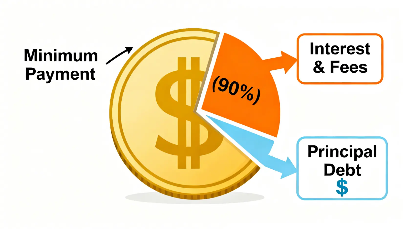 信用卡最低還款額分配圖,顯示大部分還款金額被用於支付利息和費用,只有小部分用於償還本金。