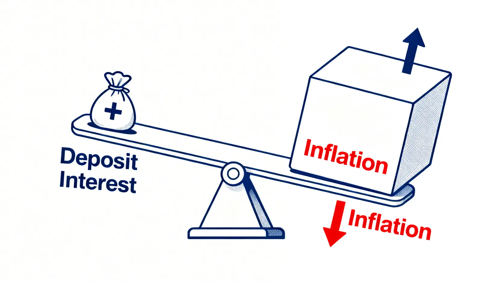 一張對比圖解釋通脹風險,顯示一個天平,通脹的重量超過了定期存款的利息收益,導致購買力下降。