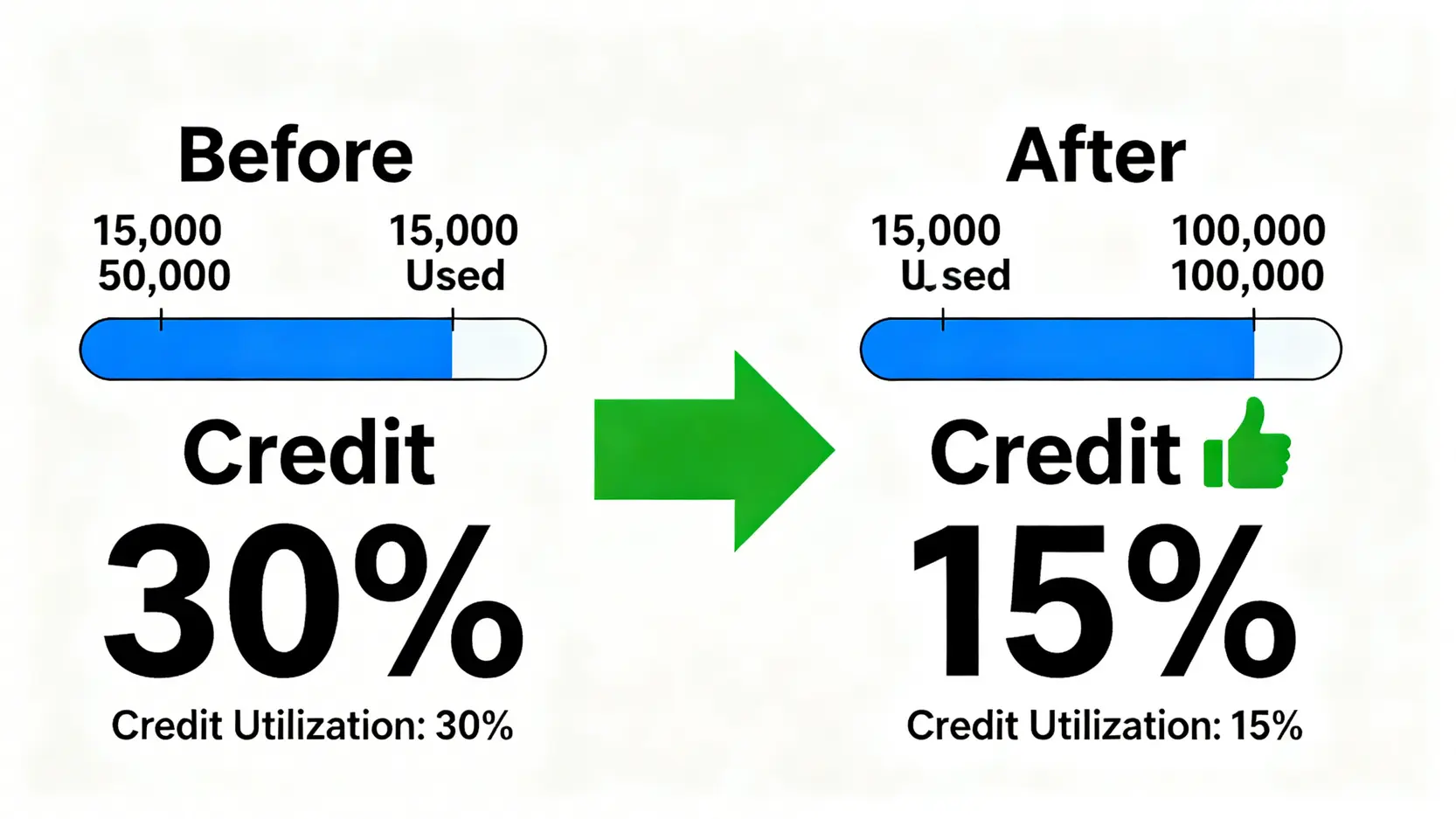 一張示意圖解釋信貸使用率的計算,顯示當信用總額度從5萬提升至10萬時,即使消費不變,信貸使用率也會從30%降至15%,有助提升信貸評級。