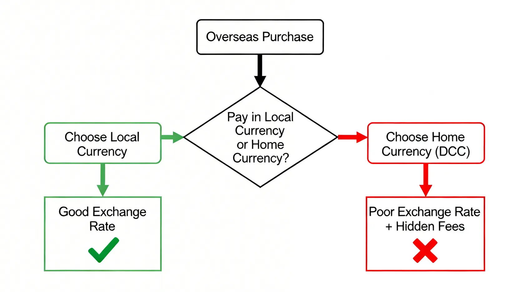 解釋DCC動態貨幣轉換陷阱的流程圖,顯示選擇當地貨幣結算的好處。