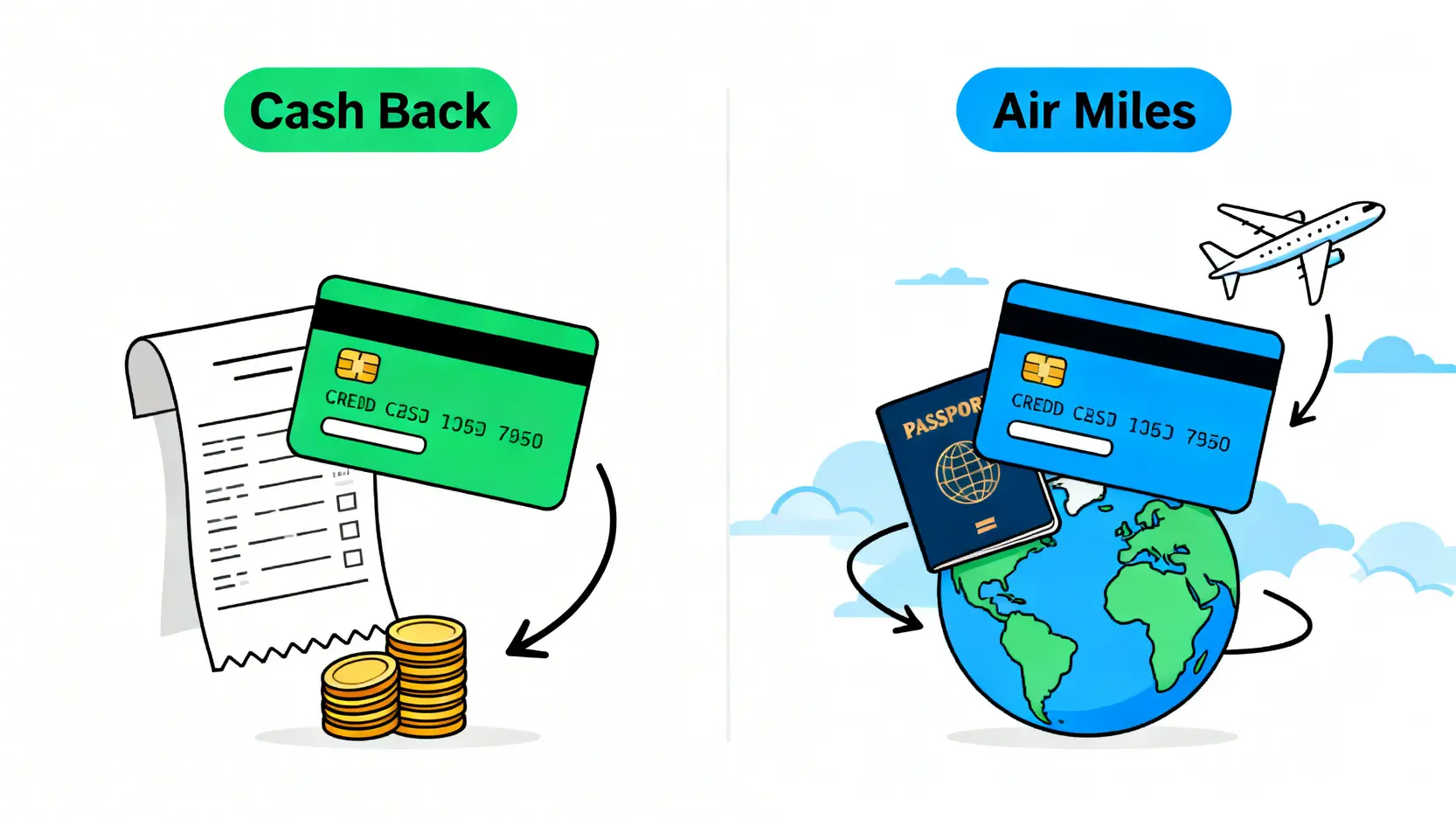 現金回贈與飛行里數信用卡對比圖,展示兩種回贈方式的不同流程與回報。
