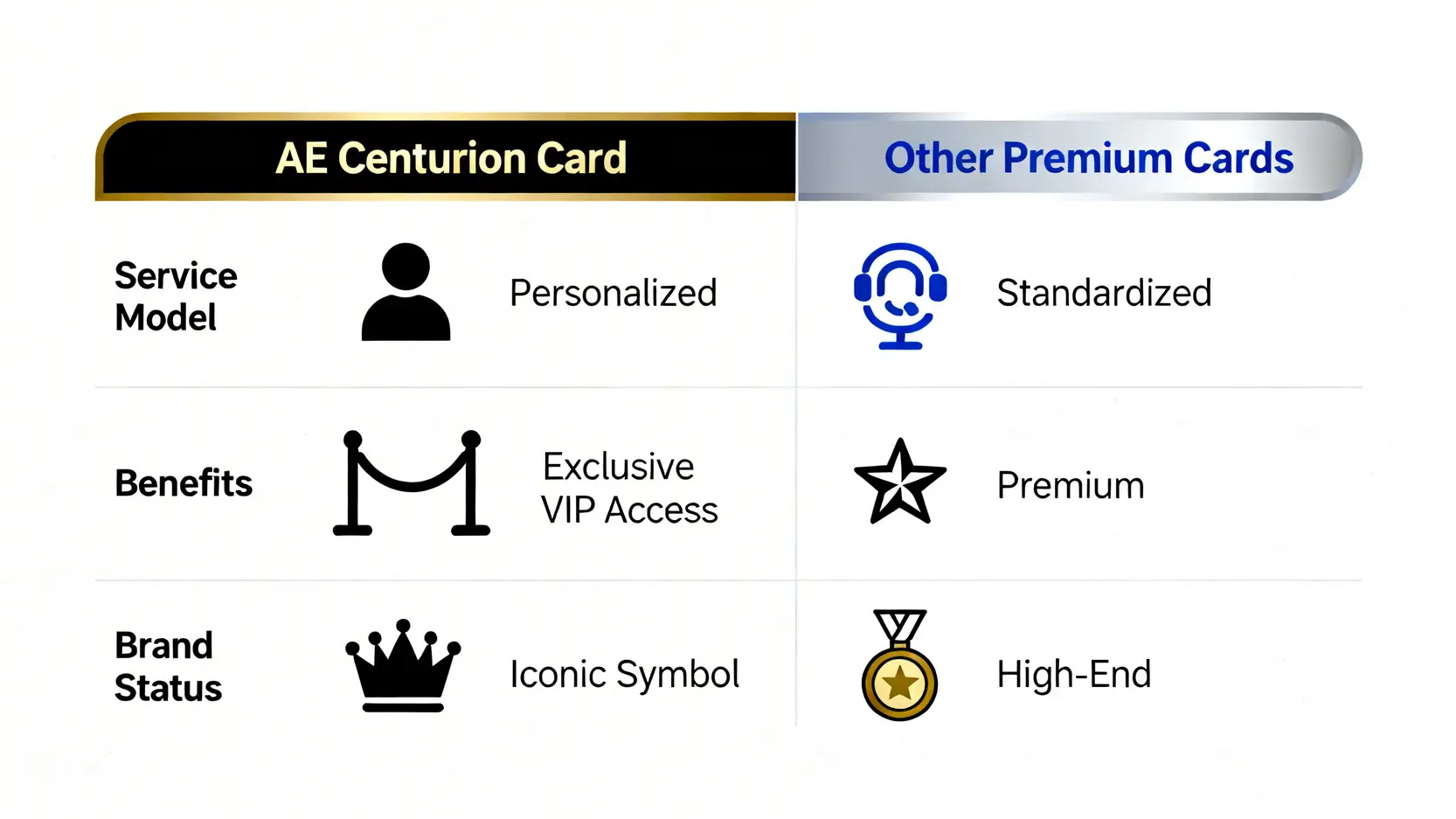 AE黑卡與其他頂級信用卡的對比圖,比較兩者在服務模式、福利稀缺性與品牌地位上的差異。
