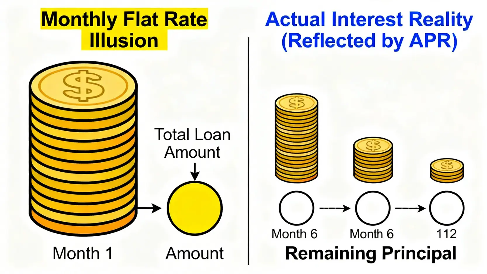 月平息與實際年利率的計算方式對比圖,揭示月平息的利息計算陷阱。