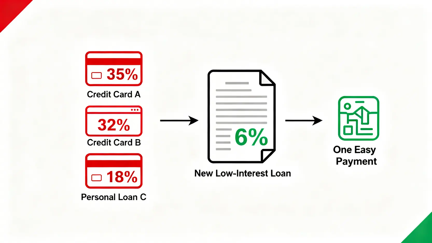 結餘轉戶計劃運作原理流程圖,展示如何將多筆高息債務整合為一筆低息貸款。