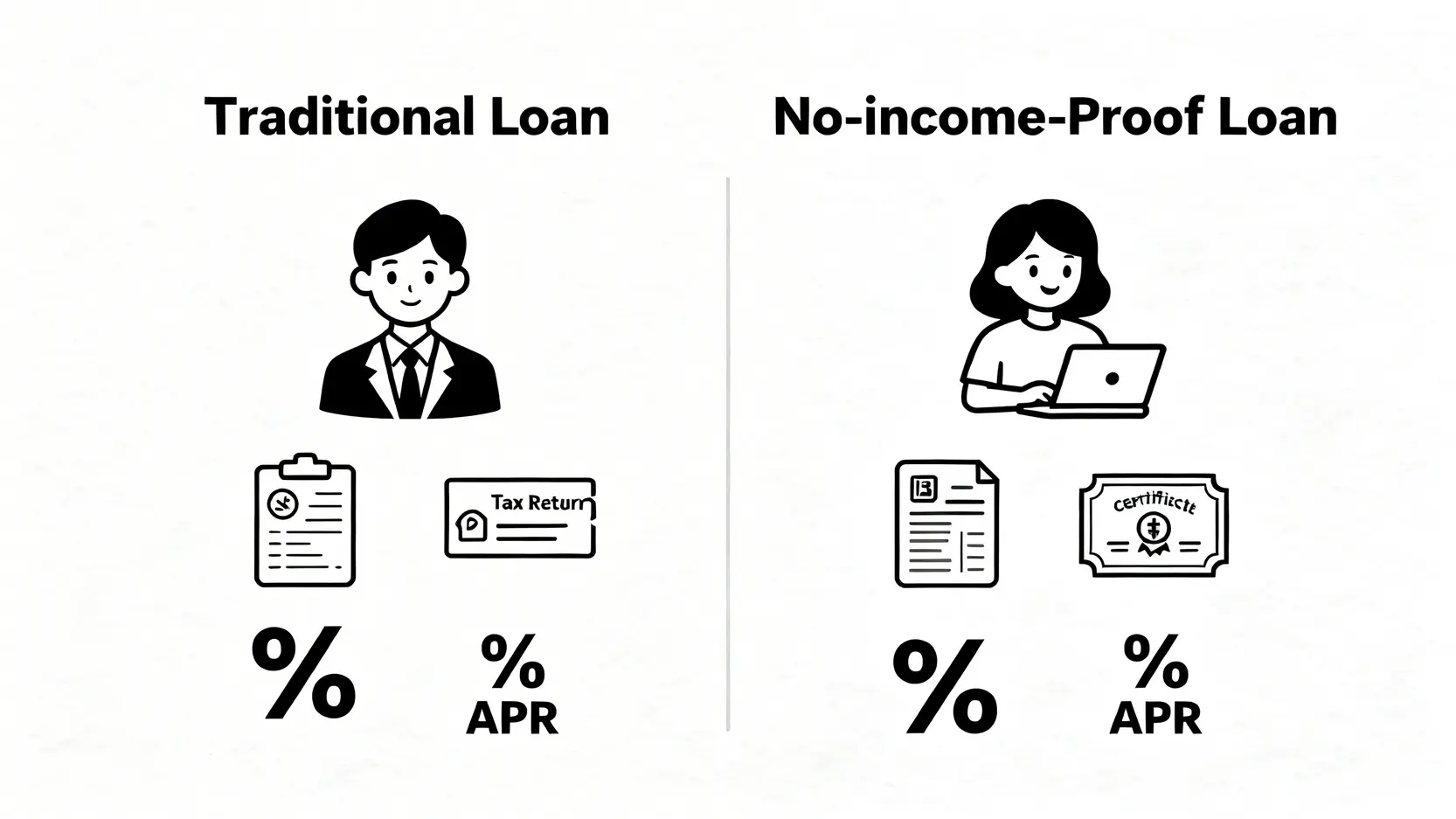 傳統私人貸款與免入息證明貸款的申請要求及利率對比圖。