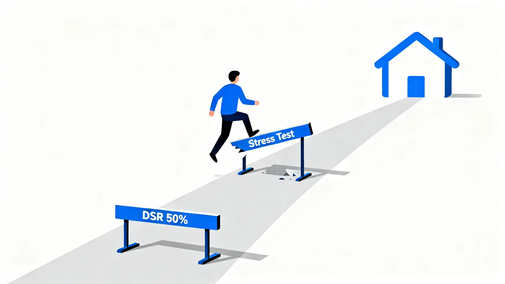一位購房者輕鬆跨過一個被移除的、標有「壓力測試」的障礙,走向房屋,象徵著置業門檻的降低。