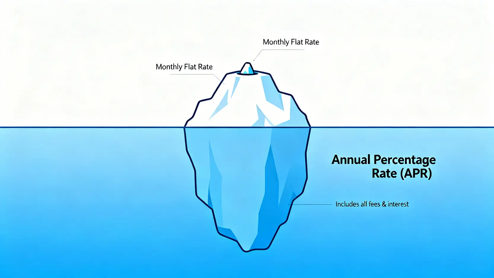 月平息與實際年利率的冰山比喻圖,顯示月平息只是表面成本,而APR是包含所有費用的真實成本。