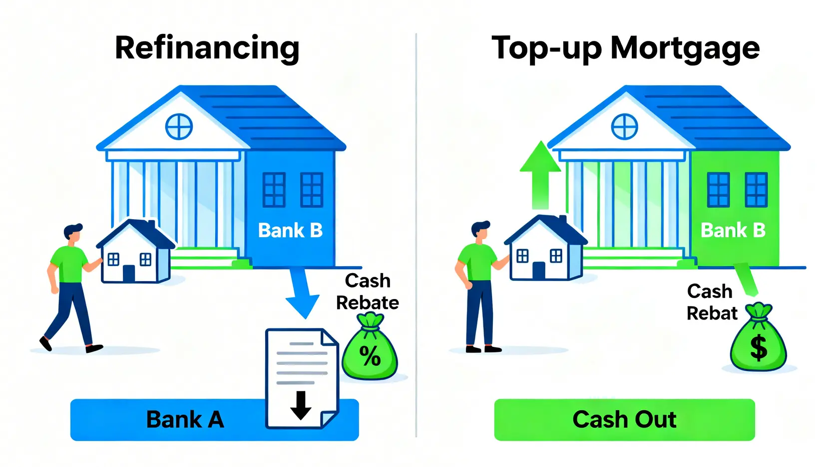 一張圖解釋轉按與加按的分別,左邊顯示轉按是將物業貸款從A銀行轉至B銀行以獲取回贈和低利率,右邊顯示加按是在原銀行基於物業升值套現。