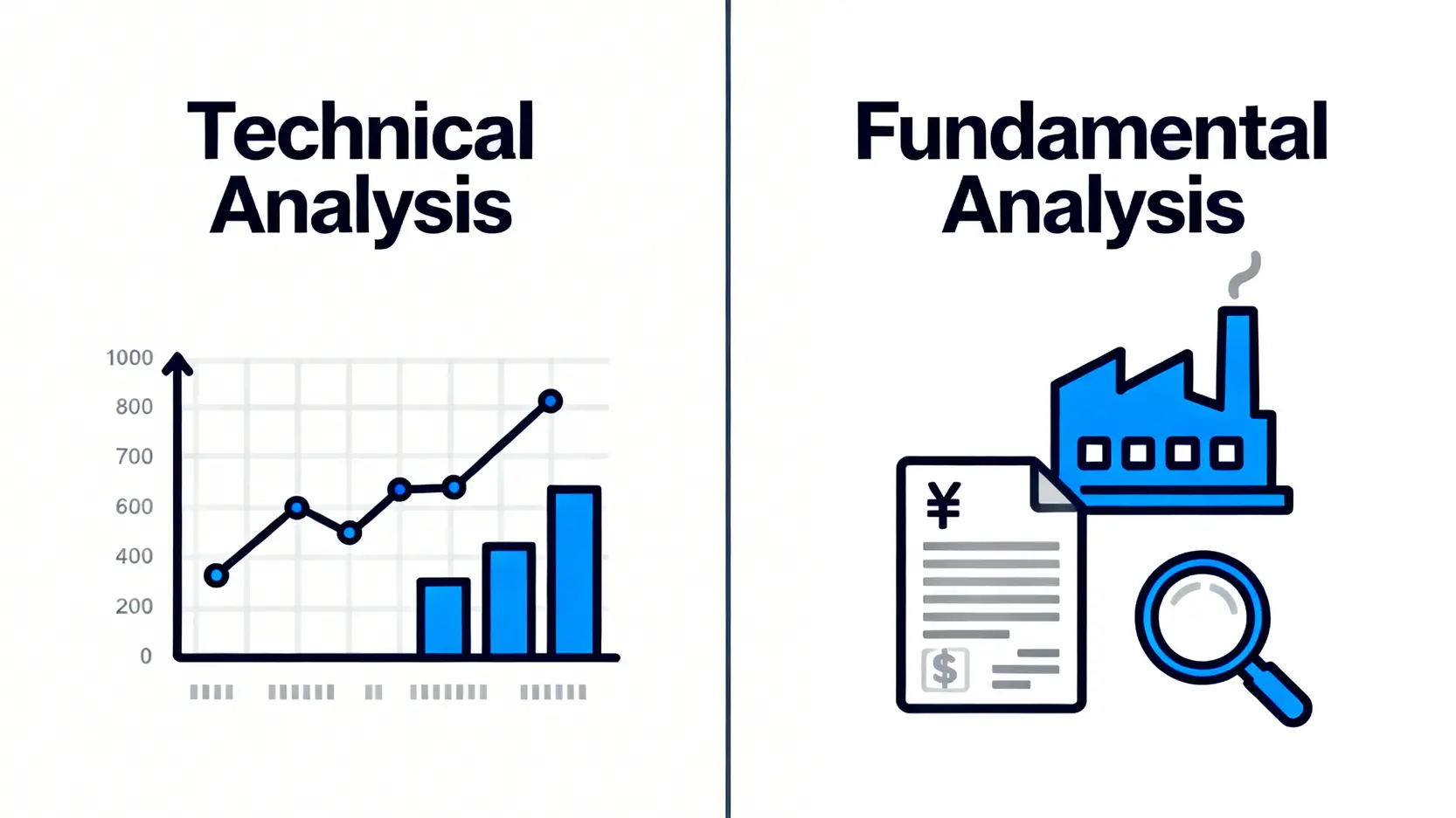 技術分析與基本面分析的對比圖,左側為圖表與指標,右側為工廠與財報。