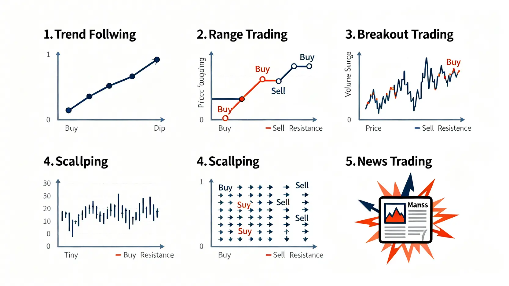 五種核心期貨即日鮮交易策略示意圖,包括順勢交易、區間交易、突破交易、剝頭皮和新聞交易。