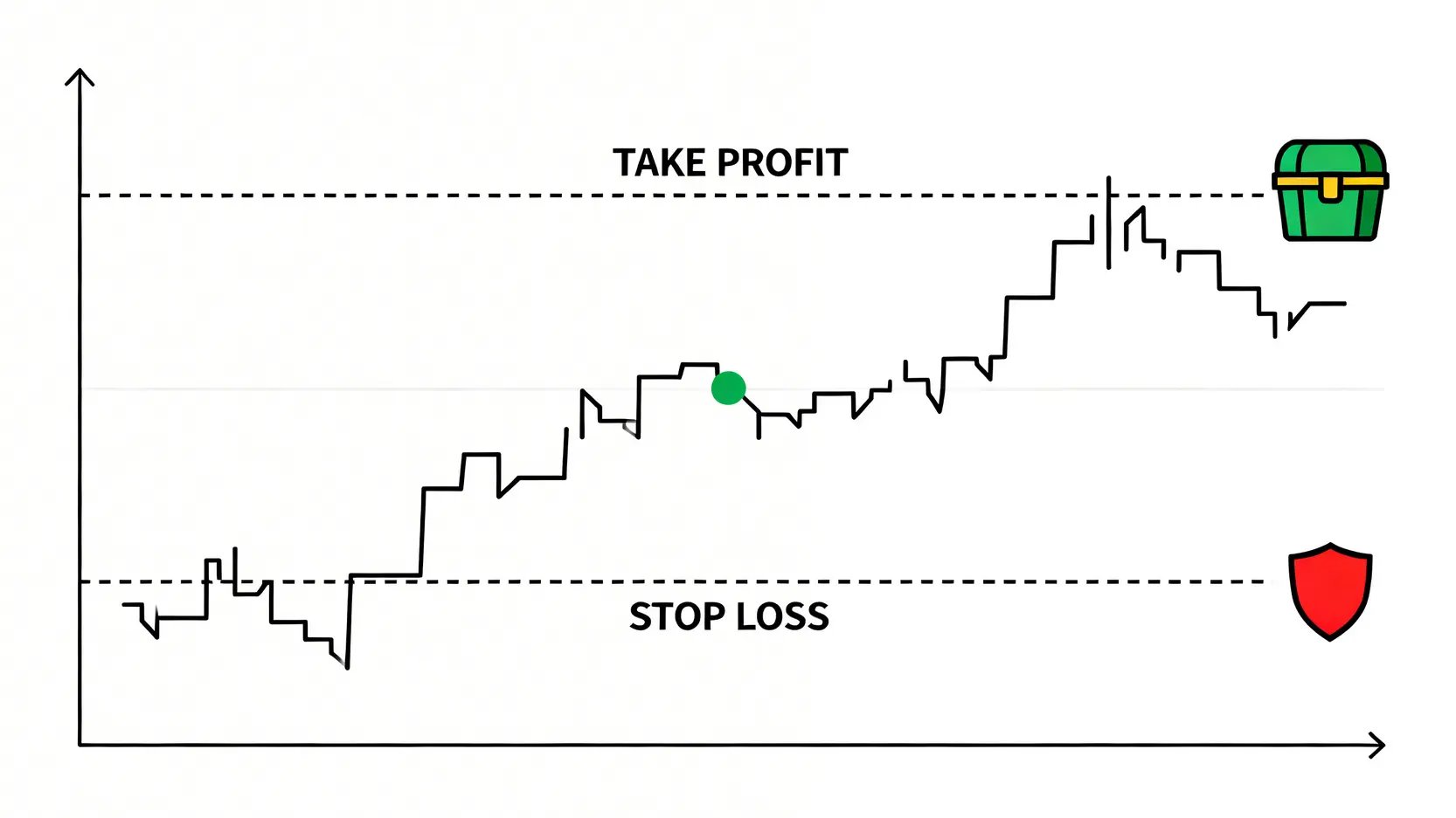 交易中的止賺與止蝕點設置示意圖,展示了入場點、止賺目標和止蝕底線。