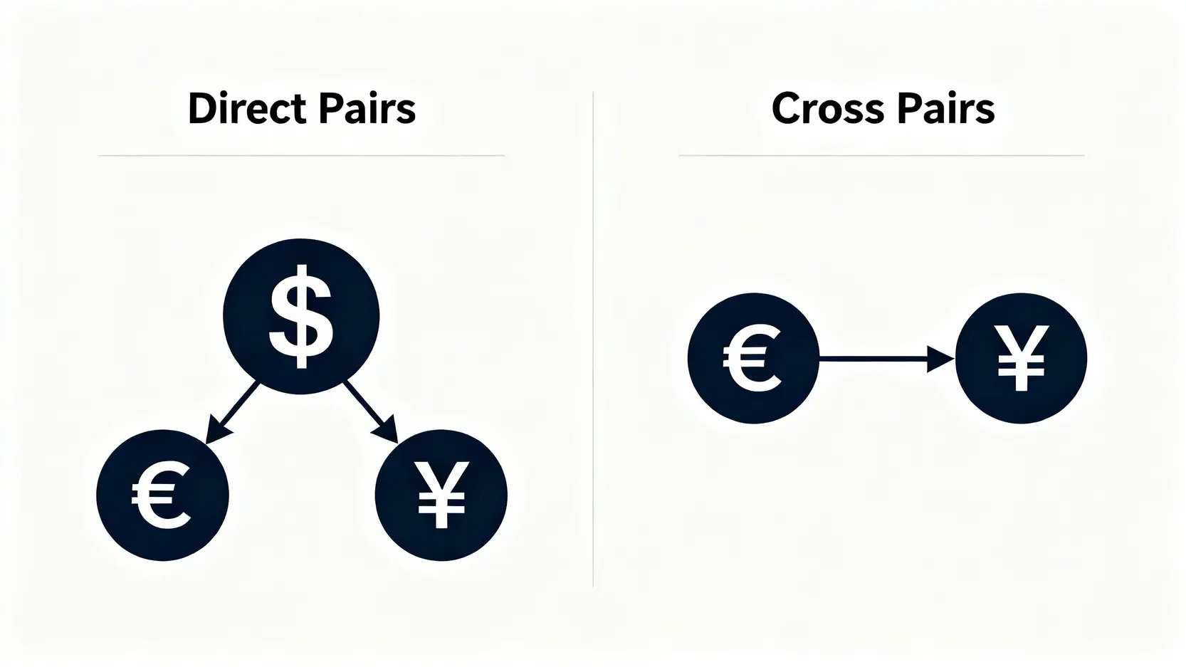 一張圖解釋直盤與交叉盤的分別,顯示直盤交易必須通過美元,而交叉盤交易則不涉及美元。