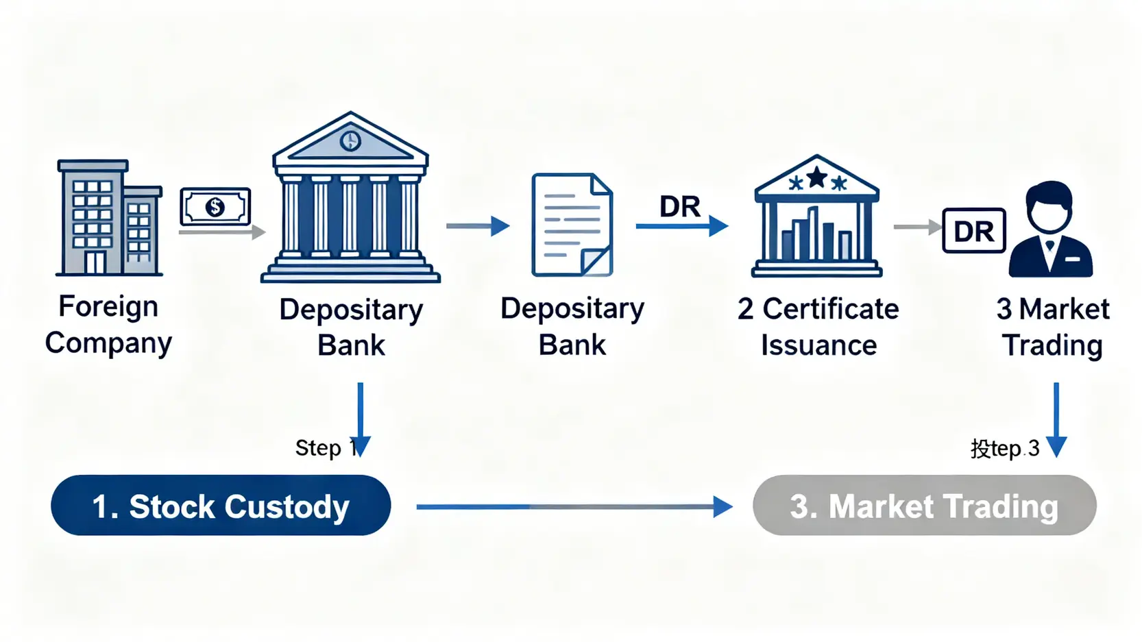 ADR運作原理的三個步驟流程圖,從外國公司託管股票到存託銀行發行憑證,最後由投資者在市場交易。