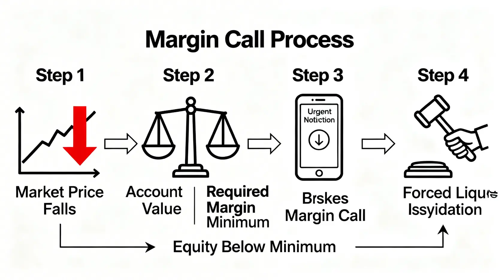 強制平倉風險流程圖,展示從市場下跌到觸發追繳保證金,最終導致券商強制賣出資產的四個步驟。