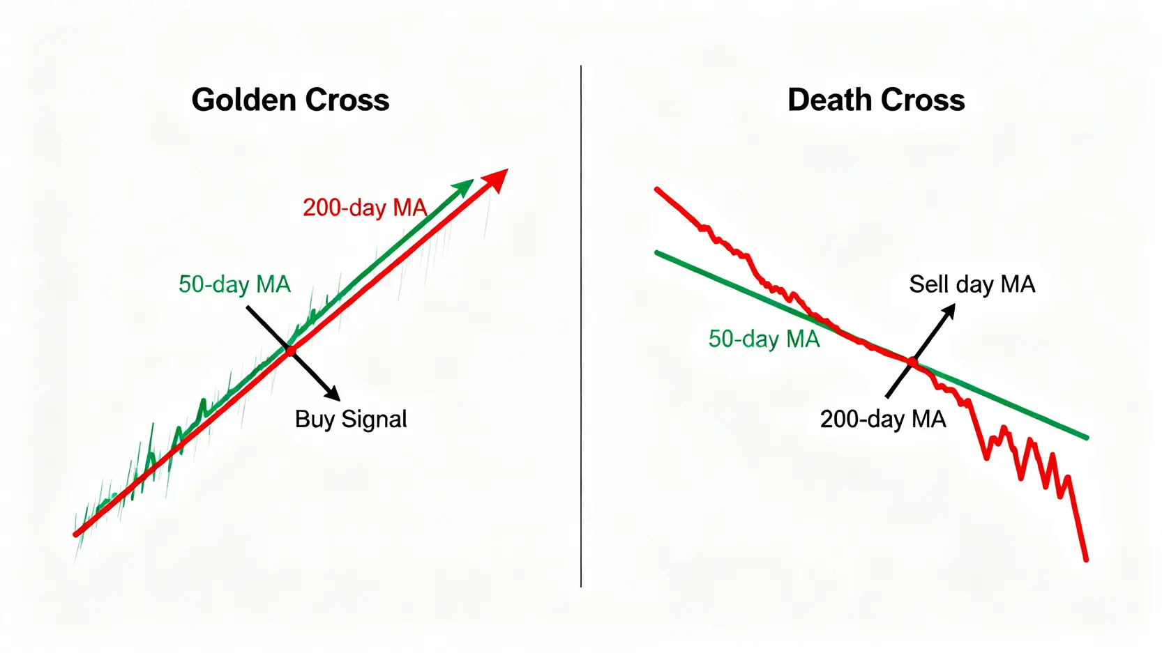 一張對比圖,左邊是黃金交叉,顯示短期均線向上穿過長期均線,為買入訊號;右邊是死亡交叉,顯示短期均線向下穿過長期均線,為賣出訊號。