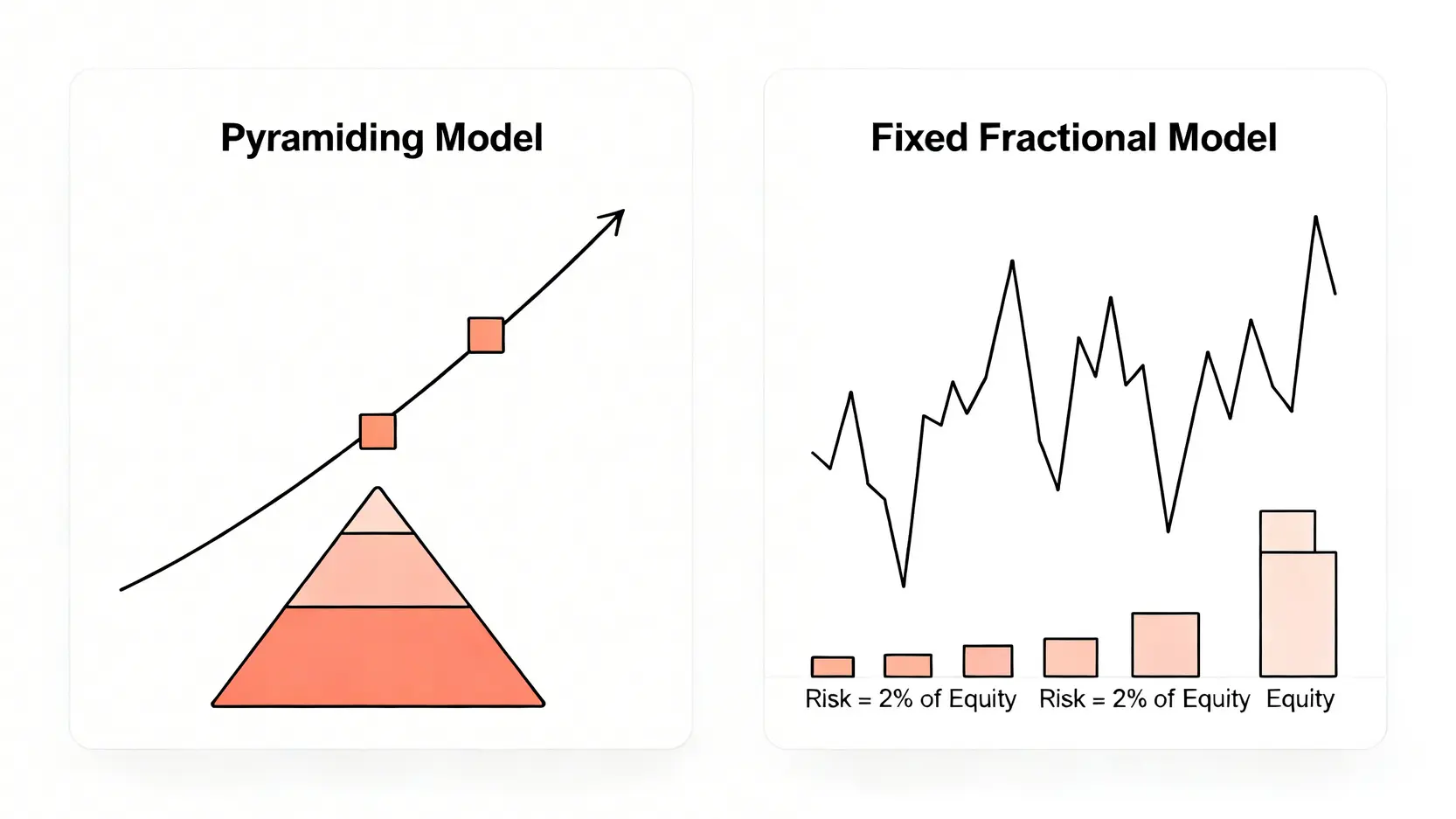 一張對比圖,比較金字塔式和固定比例式兩種期貨倉位管理模型的操作方式。