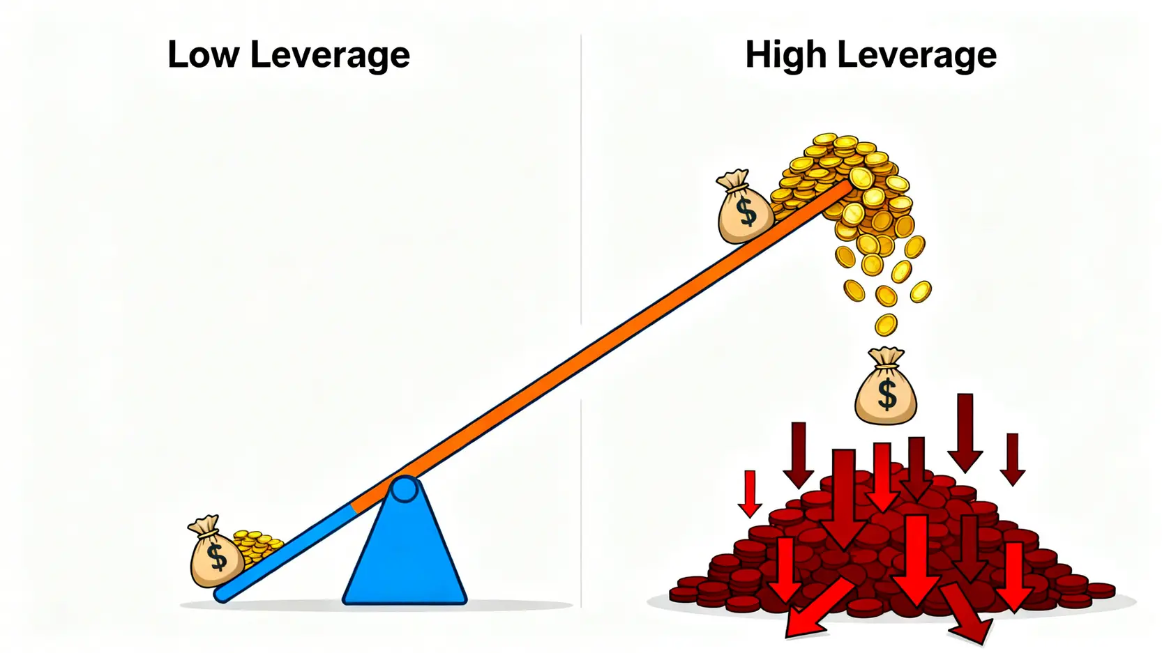 高槓桿與低槓桿的風險與回報對比圖,顯示高槓桿如何同時放大盈利與虧損。