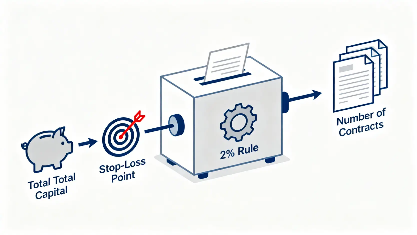 2%資金管理原則的倉位計算示意圖,展示如何根據總資金和止蝕點決定交易的合約數量。