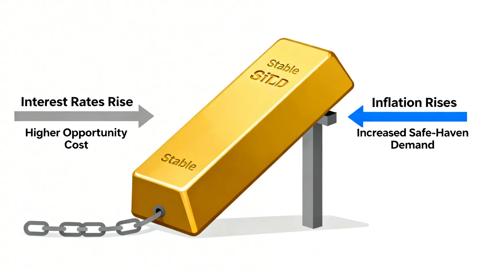 利率與通脹對黃金價格的雙重影響示意圖,顯示利率上升構成壓力,而通脹上升提供支撐。