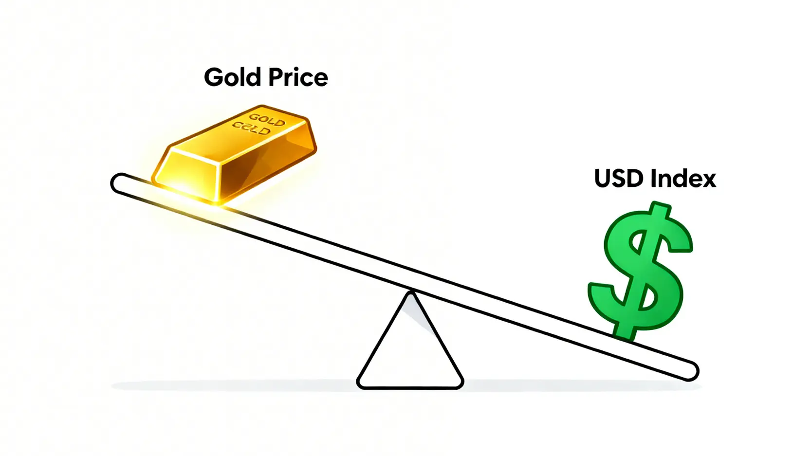 美元指數與黃金價格的蹺蹺板效應示意圖,顯示美元走強時金價下跌。