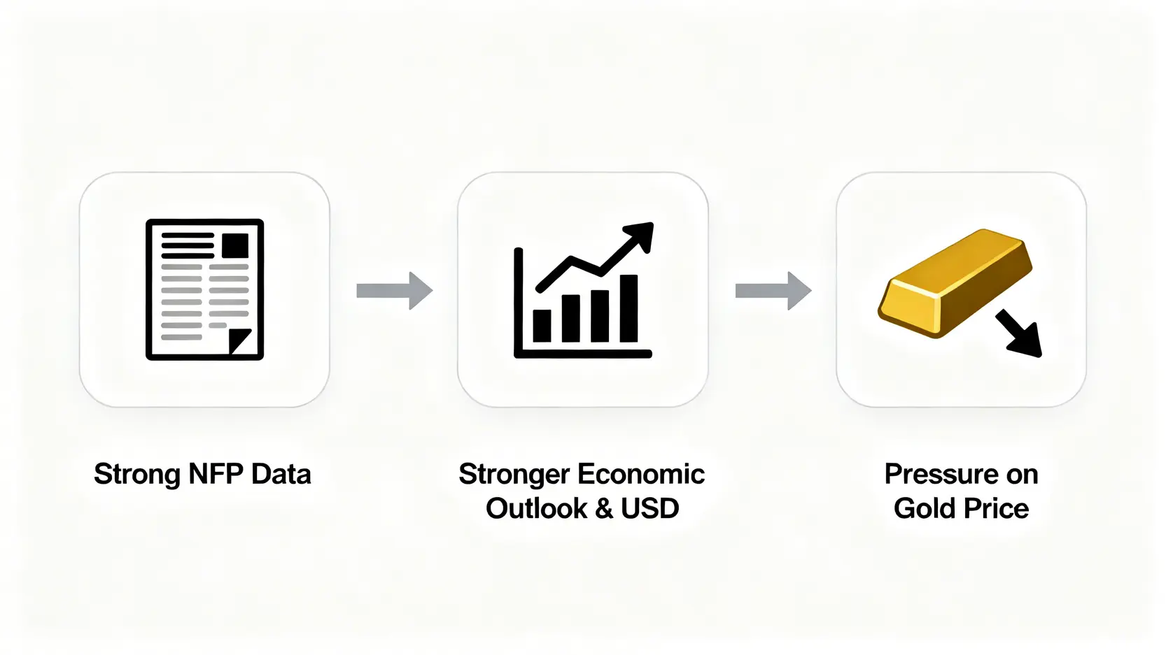 非農就業數據影響金價的流程圖,展示強勁數據如何導致美元走強並打壓金價。