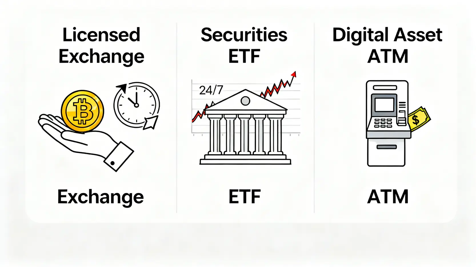 香港購買比特幣的三種主要渠道對比圖:持牌交易所、證券行ETF及比特幣ATM。