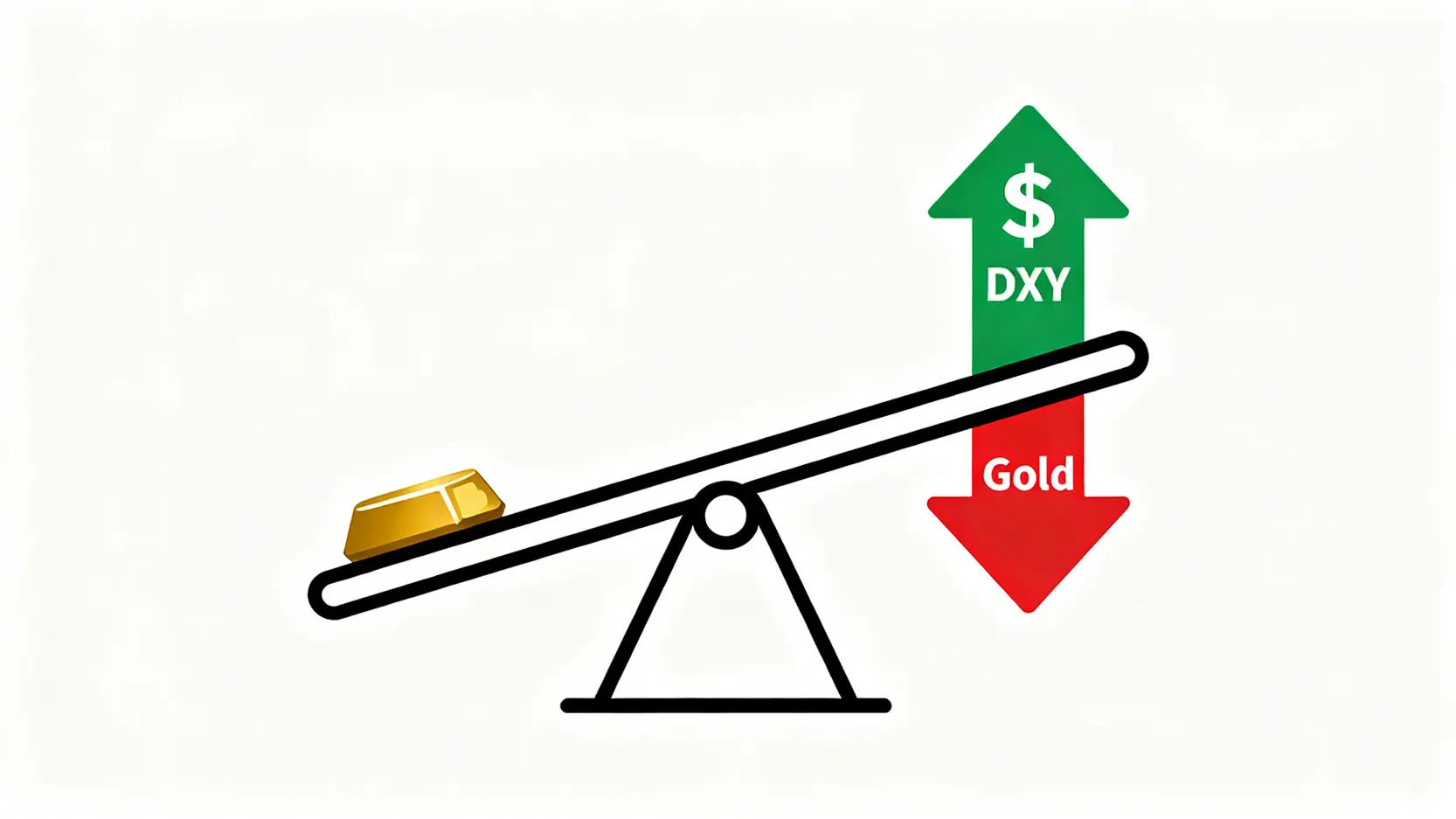 蹺蹺板示意圖,一端是上升的美元指數(DXY),另一端是下降的黃金價格,展示兩者之間的負相關關係。