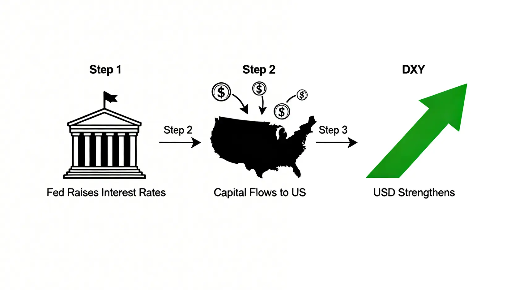 流程圖解釋聯準會加息如何導致美元指數(DXY)上漲。