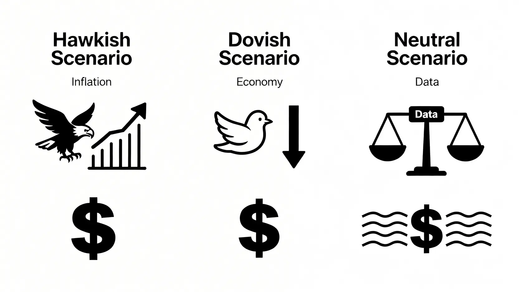 一張對比圖,展示了美元走勢的三種情景:鷹派(通脹高,美元強勢)、鴿派(經濟放緩,美元回軟)及中性(區間波動)。