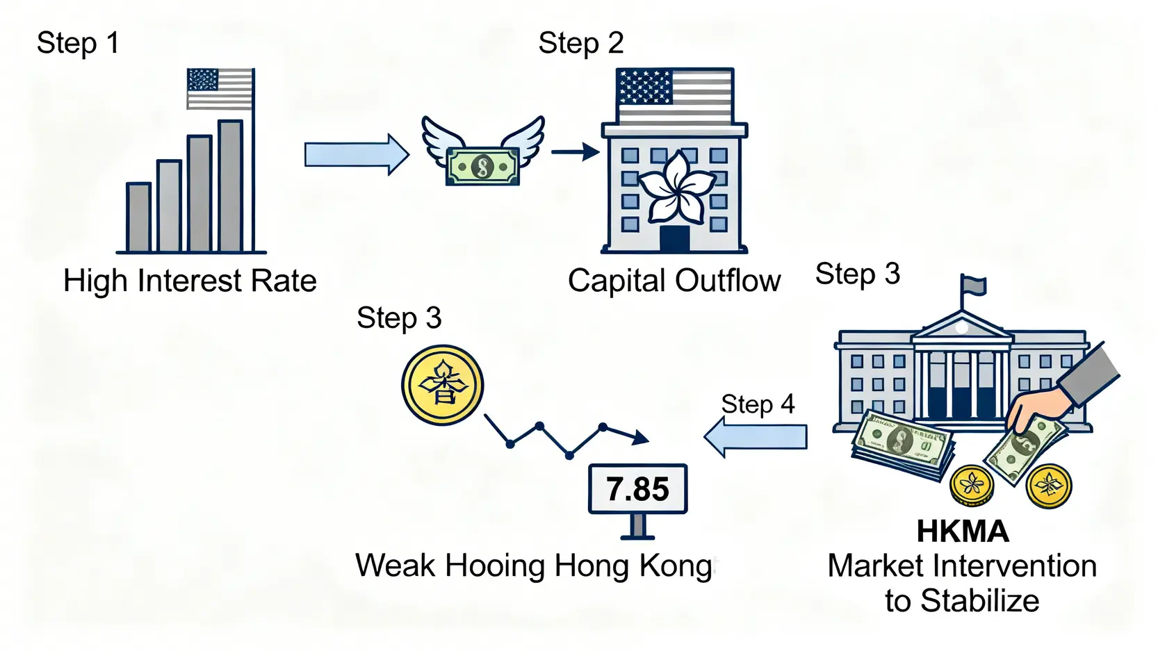 一張流程圖,解釋香港聯繫匯率制度的運作:高美息導致資金流出,港元觸及7.85弱方兌換保證,觸發金管局入市干預以穩定匯率。